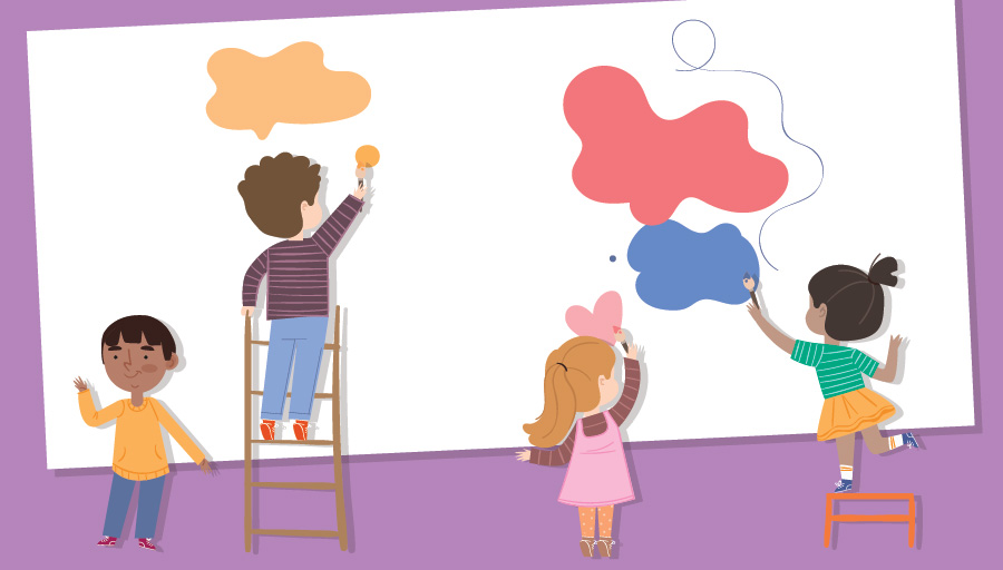 Es una ilustración de niñas y niños pintando sobre un lienzo, algunos tienen escaleras para alcanzar el lienzo, ilustra la nota sobre infancil y covid